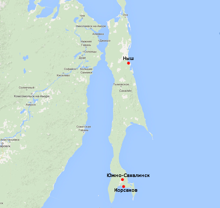 Город южно сахалинск на карте россии. Порт Корсаков Сахалин на карте. Остров Южный Сахалин на карте. Поселок Ныш остров Сахалин. Сахалин Ныш на карте.