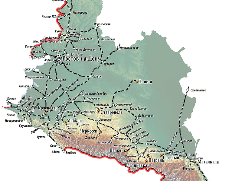 Краснодарский край карта с железными дорогами и городами