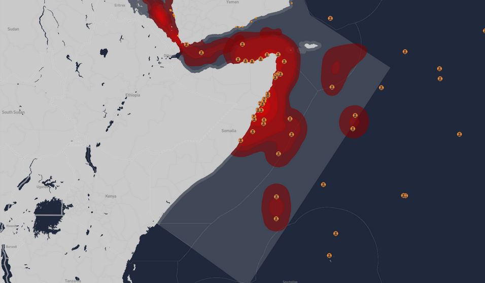 Карта нападений сомалийских пиратов 2023-24